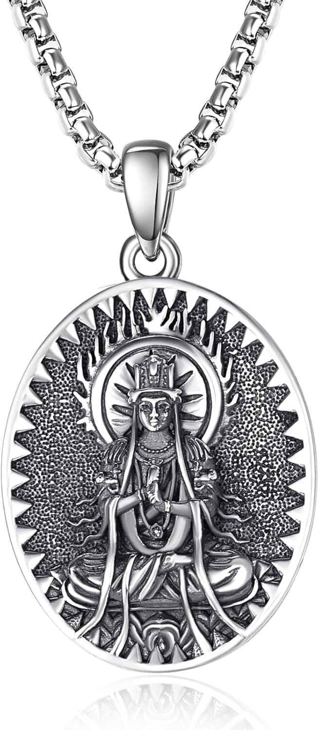 wholesale 925 Sterling Silver Zodiac Bodhisattva Amulet Pendant Necklace with Stainless Steel Chain Buddha Talisman Protection Jewelry for Men with 24+2 Round Chain-0-0