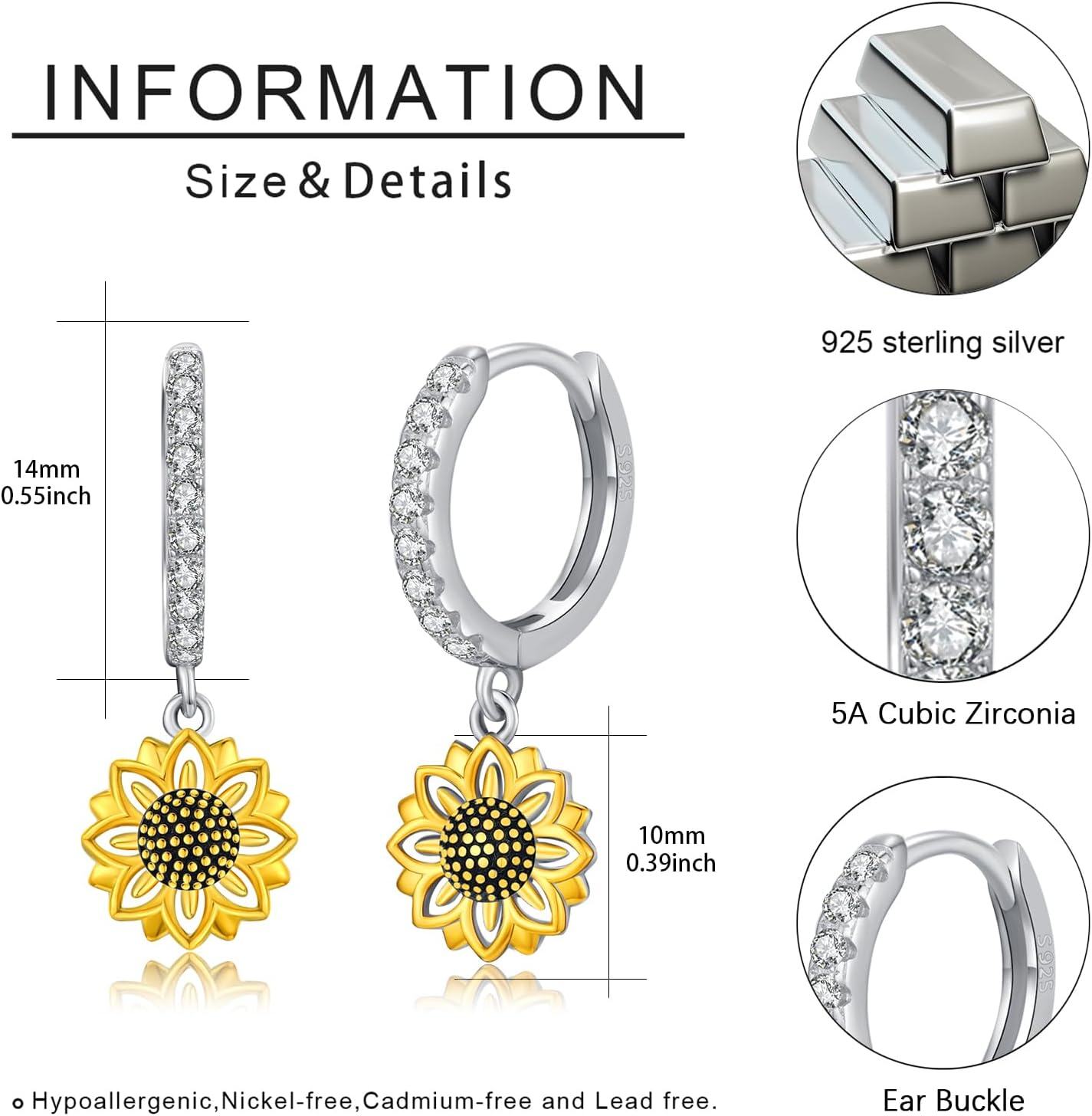 wholesale 925 Sterling Silver Sunflower Pendant Huggie Hoop Drop Earrings with Cubic Zirconia and Black Enamel Center-0-3