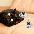 wholesale 925 Sterling Silver Black Cat in Cup with Crescent Moon Dangle Drop Earrings for Cat Lovers-0-5