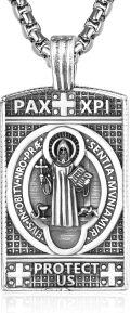 wholesale 925 Sterling Silver St. Benedict Medal Pendant Necklace  - Mens Religious Jewelry with Cross and Protective Charm-0-0