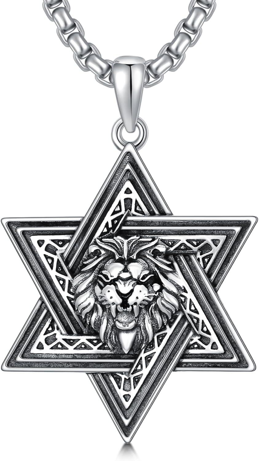 Sterling Silver Star of David Lion of Judah Celtic Knot Chai Pendant Necklace-Jewish Lion of Judah Necklace