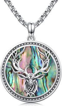 wholesale 925 Sterling Silver Round Abalone Shell Stag Head Pendant Necklace Norse Mythology  for Men Women-J01 - Viking Deer