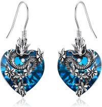 wholesale 925 Sterling Silver Heart-Shaped Blue Crystal Dragon & Flower Drop Earrings-Dragon