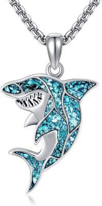wholesale 925 Sterling Silver Blue Turquoise Shark Tooth Pendant Necklace-Shark