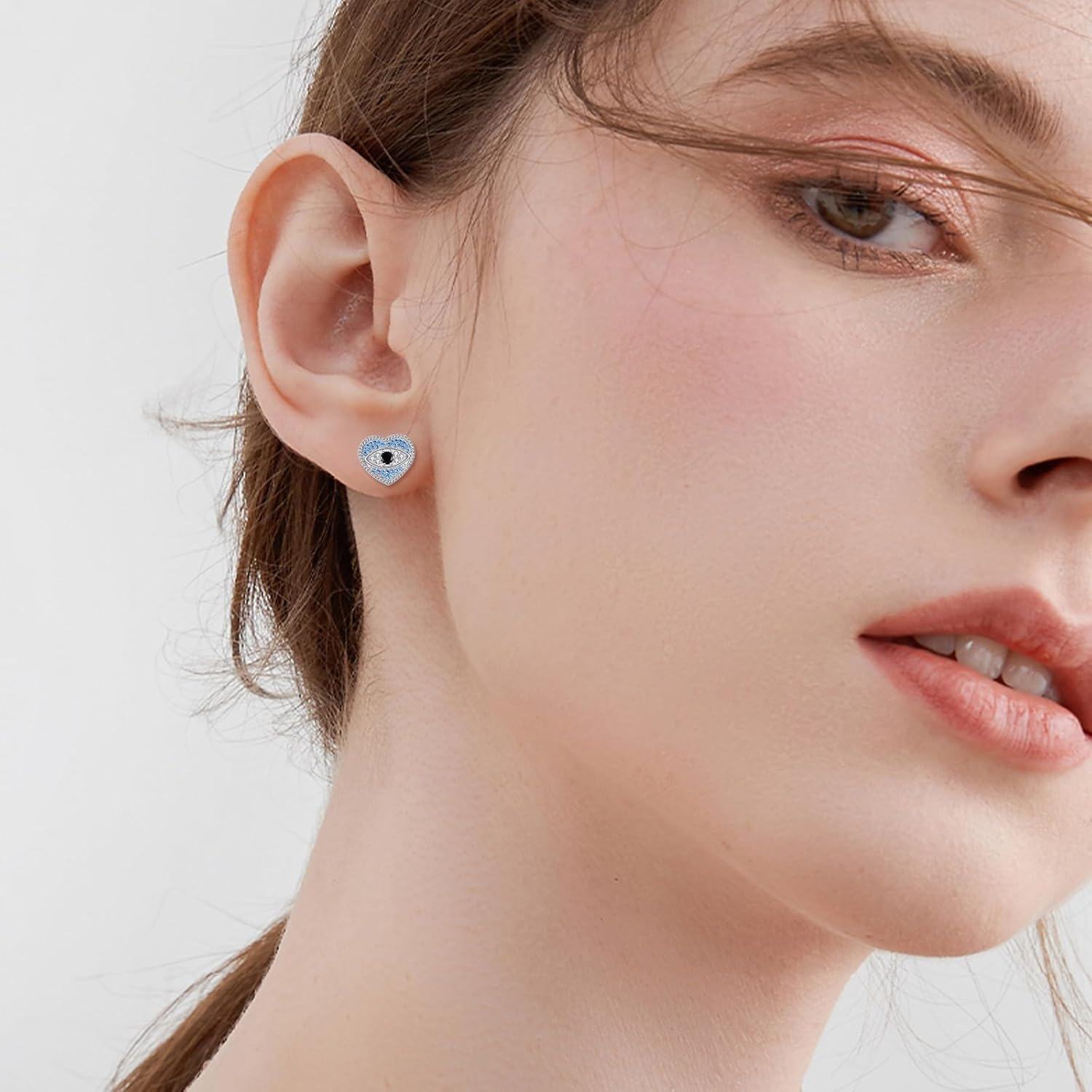 wholesale 925 Sterling Silver Heart Evil Eye Blue Crystal Stud Earrings for Women-0-1