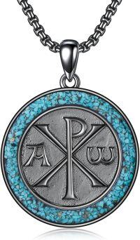 wholesale 925 Sterling Silver Blue Stone Masonic Chi Rho Pendant Necklace for Men Women Gifts-Chi Rho
