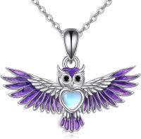 wholesale 925 Sterling Silver Purple Enamel Heart Owl Pendant Necklace for Women Gifts-Owl