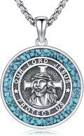 wholesale 925 Sterling Silver Turquoise Jesus Protect Us Medal Pendant Necklace Catholic s for Men & Women-0-0