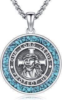 wholesale 925 Sterling Silver Turquoise Jesus Protect Us Medal Pendant Necklace Catholic s for Men & Women-C01-Jesus Christ (Turquoise Gravel)