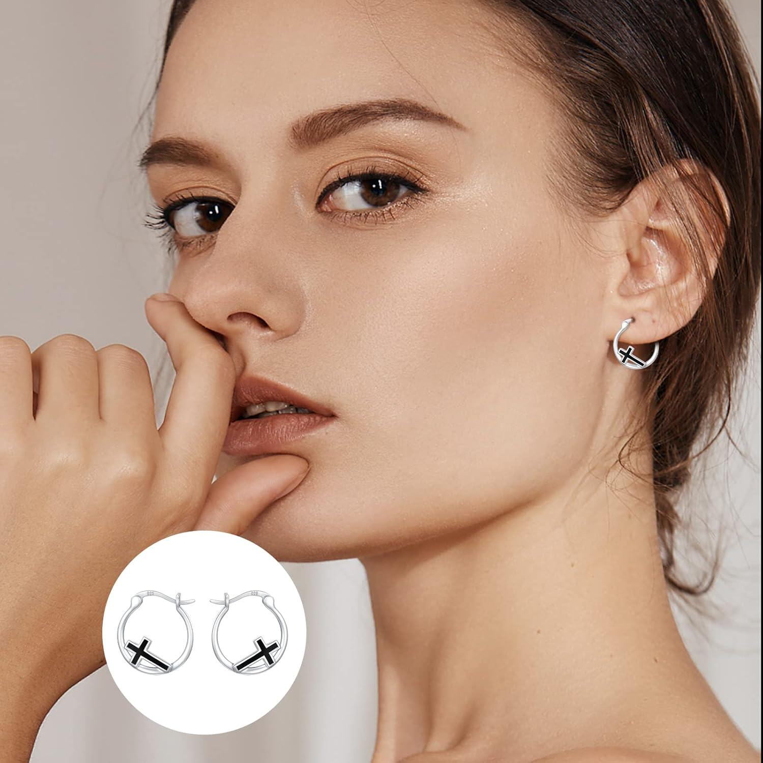 925 Sterling Silver Black Enamel Cross Huggie Hoop Earrings for Women and Girls-0-5