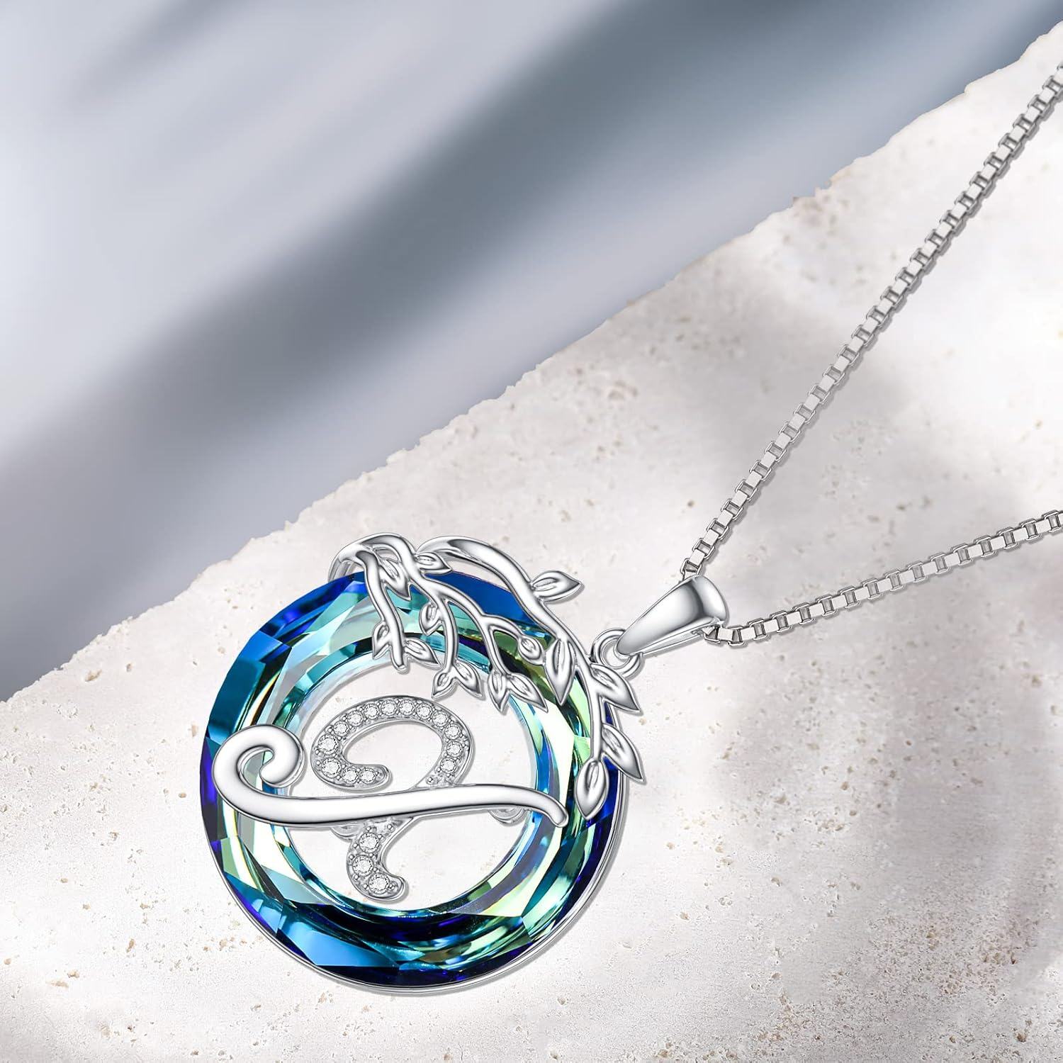 Sterling Silver Blue Crystal Tree of Life A Z Letter Pendant Necklace-0-5