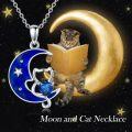 wholesale 925 Sterling Silver Crescent Moon & Heart Cat Pendant Necklace Blue Crystal Stone s for Women-0-3