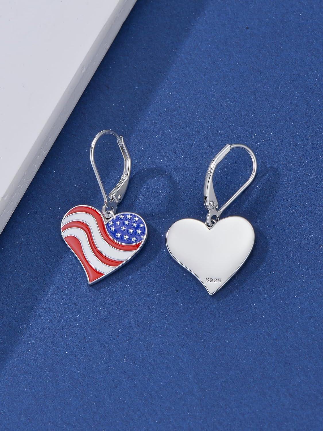 wholesale 925 Sterling Silver Red White Blue Star & Stripes Patriotic Heart Earrings for 4th of July, Memorial Day-0-2