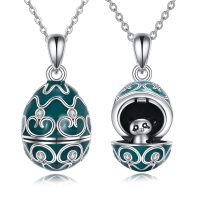 wholesale 925 Sterling Silver Panda in Egg Locket Pendant Necklace Green Enamel s for Women Girls-silver