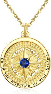 wholesale 925 Sterling Silver Gold Compass Birthstone Necklace 24mm, 18-2 Inch Chain, Gift for Women-I02-September