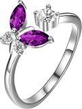 wholesale  925 Sterling Silver with Simulated Amethyst Dancing Butterfly Adjustable Sparkly Crystal Ring, Elegant Gift for Women, Size 8-0-0
