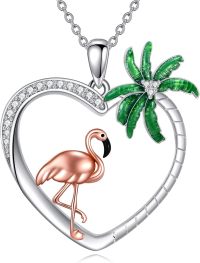 wholesale 925 Sterling Silver Heart-Shaped Palm Tree & Flamingo Pendant Necklace-Pink Flamingo