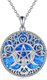 wholesale  Sterling Silver Opal Triple Moon Goddess Pentagram Pendant Necklace -Blue-Opal Necklace