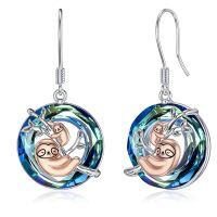 wholesale 925 Sterling Silver Sloth Mother And Baby Hanging Earrings Wholesale With Blue Crystal Charm-Sloth