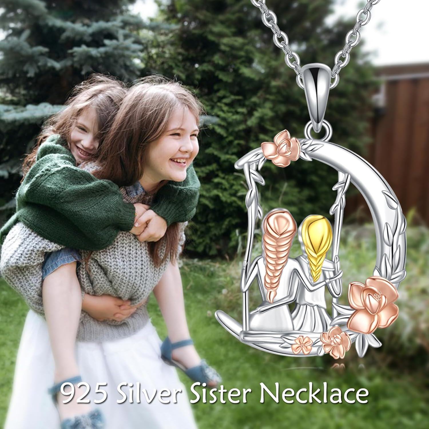 Sterling Silver Moonstone 2 Sisters Flower Swing Pendant Necklace-0-3