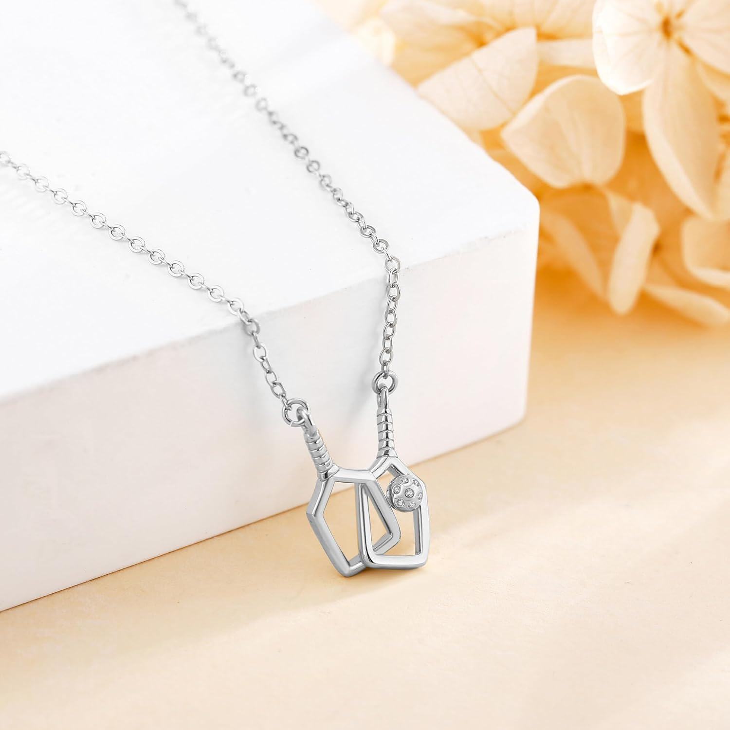 wholesale 925 Sterling Silver Geometric Hexagon Pickleball Paddle Ball Charm Necklace for Women-0-1