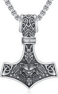 wholesale 925 Sterling Silver Wolf Head Mjolnir Pendant Thor's Hammer Necklace for Men Norse Viking -0-0