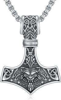 wholesale 925 Sterling Silver Wolf Head Mjolnir Pendant Thor's Hammer Necklace for Men Norse Viking -B01-Hammer