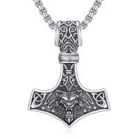 wholesale 925 Sterling Silver Wolf Head Mjolnir Pendant Thor's Hammer Necklace for Men Norse Viking -B01-Hammer