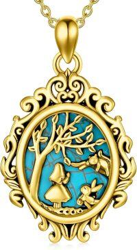 wholesale  Sterling Silver Natural Gemstone Alice in Wonderland Necklace for Women -A2-Natural Turquoise-Gold Color