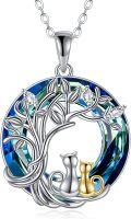 wholesale 925 Sterling Silver Blue Crystal Tree of Life Pendant with Cats and Moon for Cat Lovers-0-0