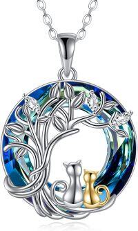 wholesale 925 Sterling Silver Blue Crystal Tree of Life Pendant with Cats and Moon for Cat Lovers-2 Cat Blue Tree Crystal