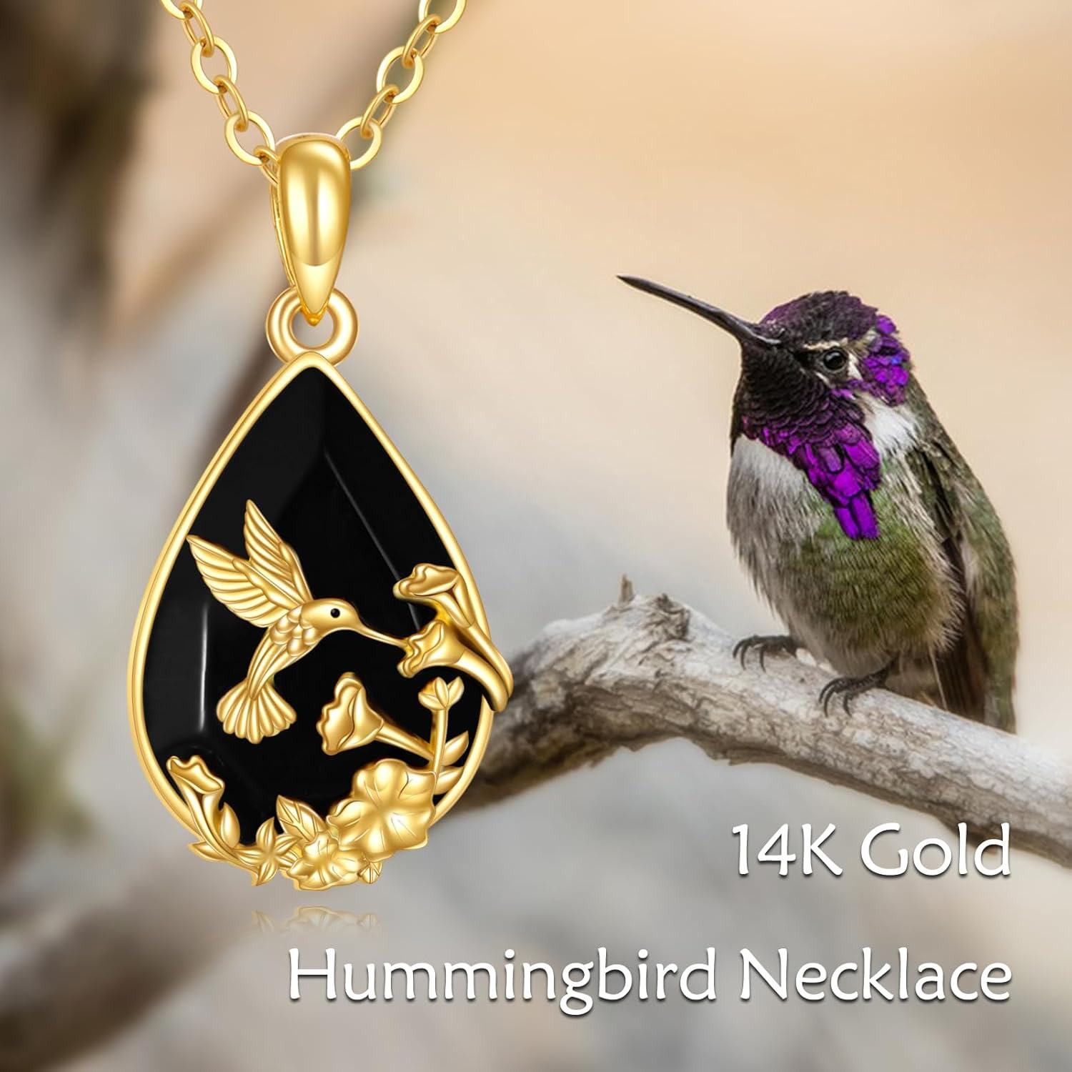  Solid Yellow Gold Black Crystal Necklace Vintage Pendant Gothic Jewelry -0-4
