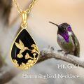 wholesale 14k Gold Hummingbird Flower Black Onyx Teardrop Pendant Necklace For Women-0-4