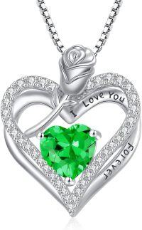 wholesale 925 Sterling Silver 12 Birthstone Double Heart Rose Necklace for Her-5-May-Emerald