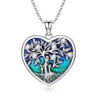 wholesale 925 Sterling Silver Heart-Shaped Blue and Green Enamel Tree of Life Pendant Necklace for Women & Girls - Family Love s-Mother and 2 Child
