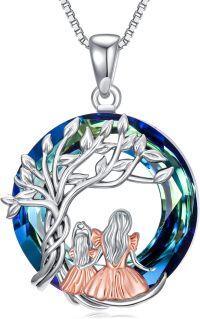 wholesale 925 Sterling Silver Blue Crystal Family Tree Pendant Necklaces for Mom Dad Daughter Son-Mom&1 Daughter