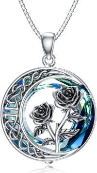 wholesale TOUPOP Oxidization Birth Flower Necklace Rose Necklaces For Women Rose Flower Jewelry Dainty Moon Flower Jewelry S925 Sterling Silver With Blue Crystal Birthday Gifts For Women -undefined