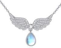 wholesale 925 Sterling Silver Teardrop Moonstone Angel Wings Pendant Necklace-Wing