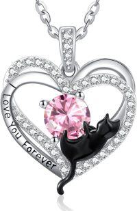 wholesale Sterling Silver Birthstone Cat Projection Heart Pendant Necklace-10 Oct - Tourmaline-10 Oct - Tourmaline