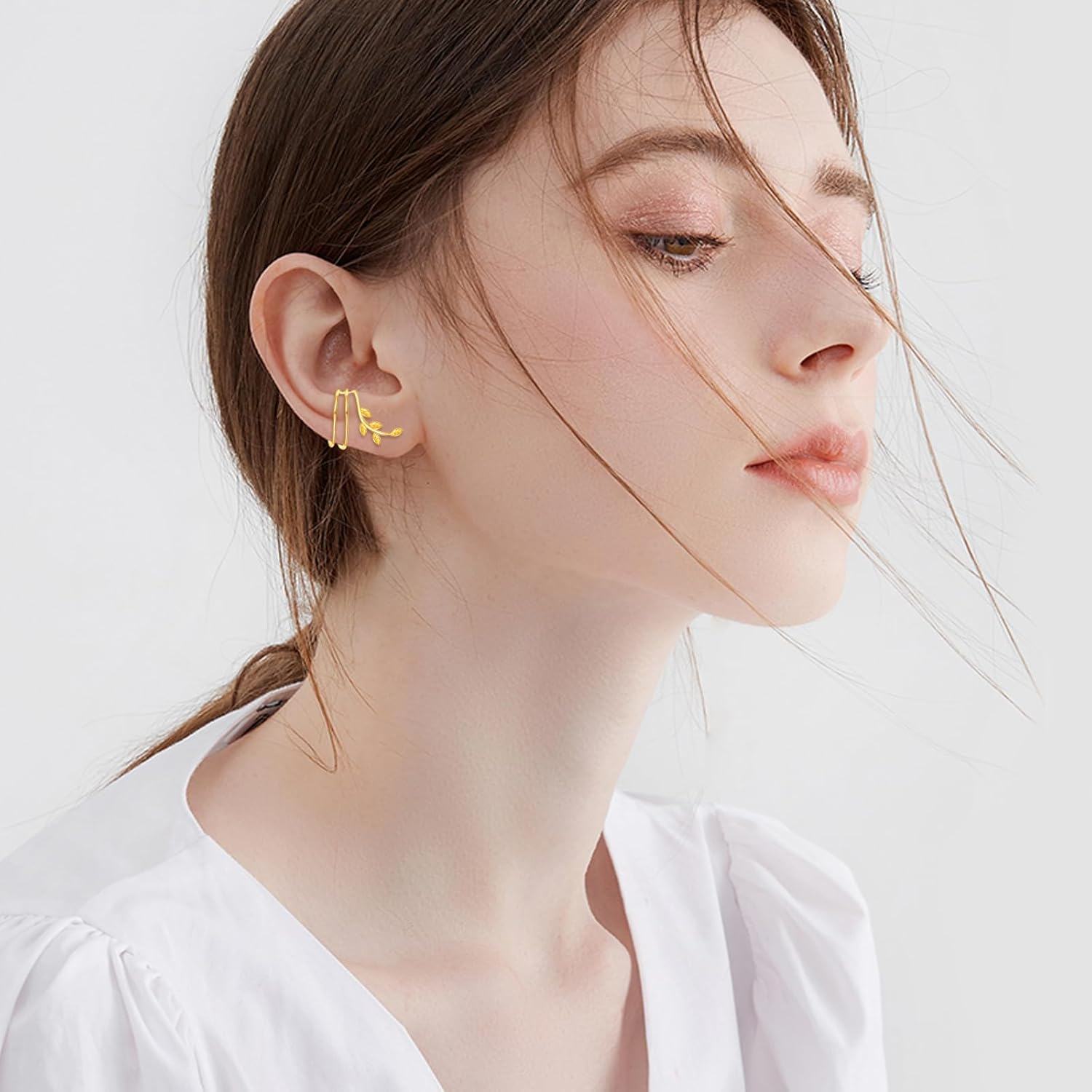 14K Gold Leaf Vine Ear Cuffs - 2Pcs Non-Piercing Wrap Around Cartilage Hoop Earring Set for Women-0-1