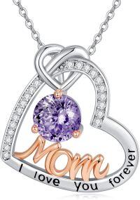 wholesale 925 Sterling Silver Heart-Shaped Amethyst I love you mom Forever Pendant Necklace for Women-02-Feb