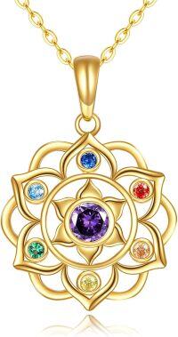 wholesale 14K Gold 7 Chakras Lotus Flower Yoga Pendant Necklaces for Women - Amethyst Crystal Jewelry Set-Chakra lotus