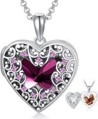 wholesale S925 Sterling Silver Heart Shaped Locket Necklace with Pink Crystals & Engraving Option for Women (Chain Included)-B-Purple Butterfly Locket+Photo+Text-B-Purple Butterfly Locket Only-B-Purple Butterfly Locket+Photo