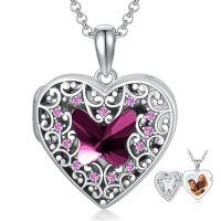 wholesale S925 Sterling Silver Heart Shaped Locket Necklace with Pink Crystals & Engraving Option for Women (Chain Included)-B-Purple Butterfly Locket+Photo+Text-B-Purple Butterfly Locket Only-B-Purple Butterfly Locket+Photo