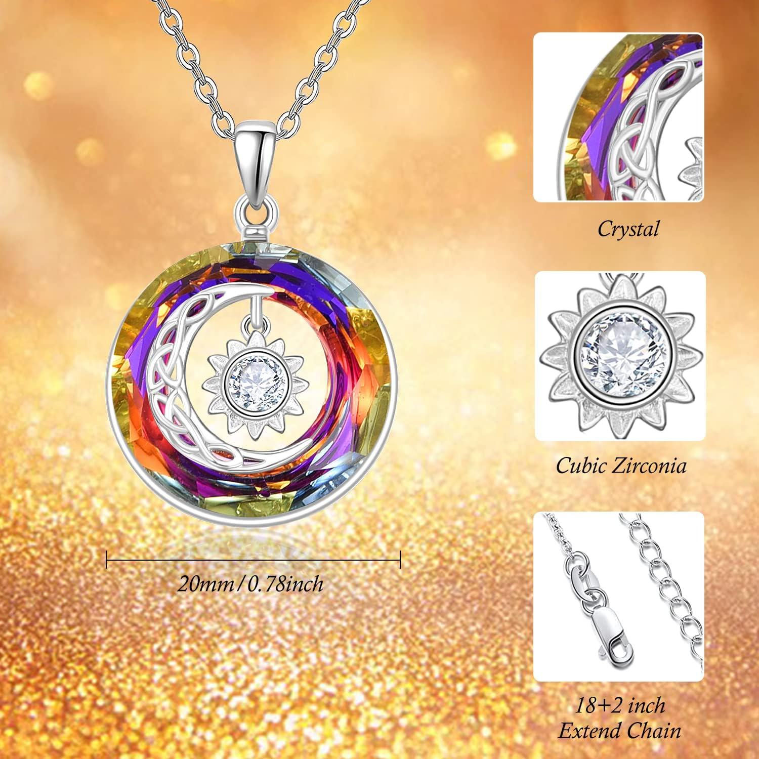 wholesale 925 Sterling Silver Rainbow Crystal Moon and Sun Pendant Necklace for Women Celestial -0-2