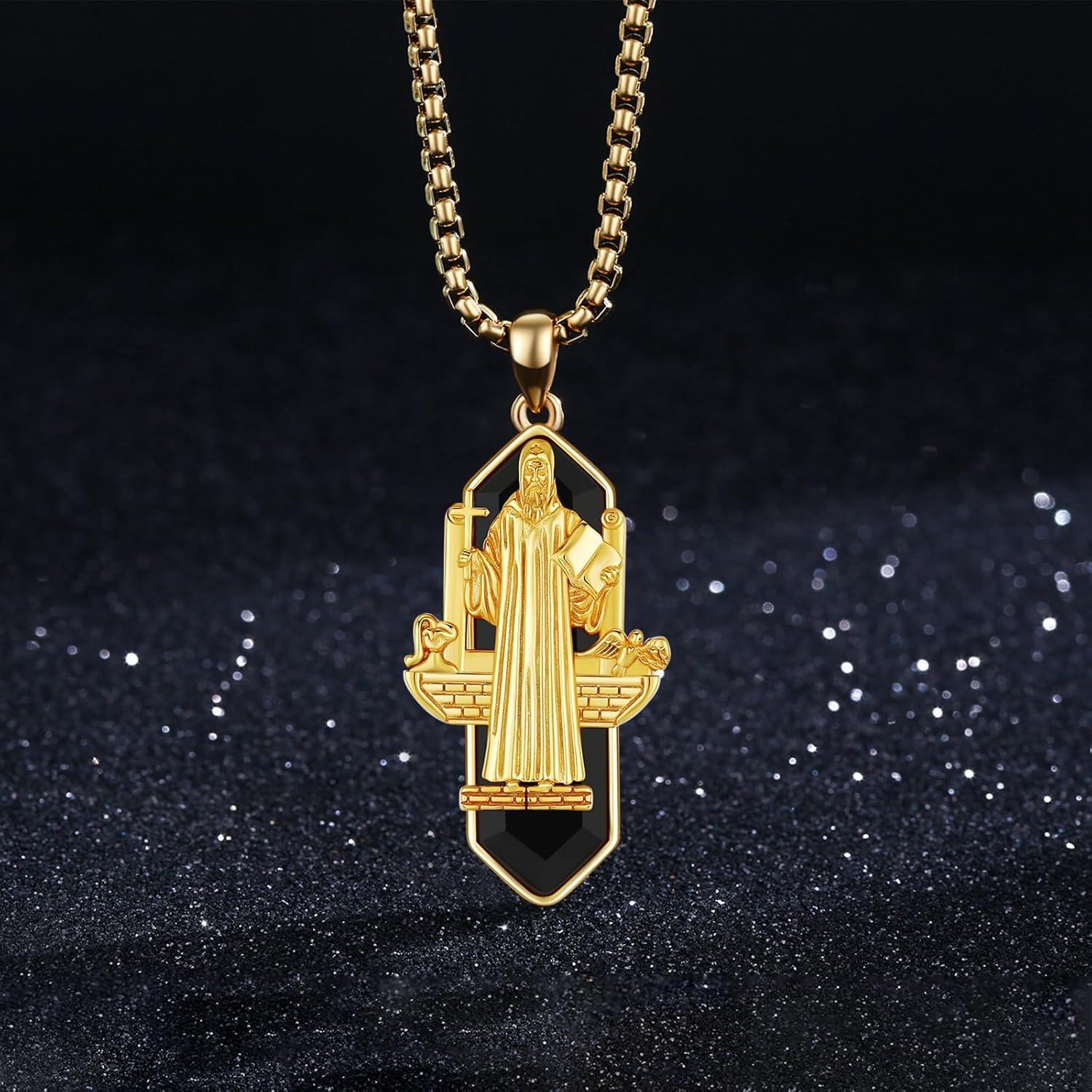 wholesale Gold Plated 925 Sterling Silver Saint Benedict Medal Necklace with Onyx Stone and Engraved Prayer for Men Women Catholic Gifts-0-1