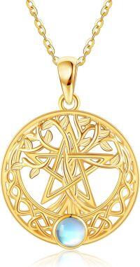 wholesale 14K Gold Moonstone Tree of Life Pendant Necklace for Women - Family Wisdom s-Pentagram Tree of Life