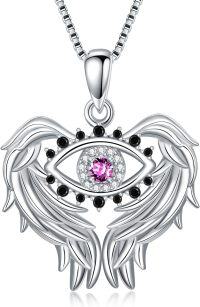 wholesale TOUPOP Evil Eye Necklace For Women Sterling Silver Angel Wings Pendant With October Birthstone Pink Tourmaline Amulet Jewelry Gifts For Her -undefined