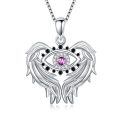 TOUPOP Sterling Silver Pink Tourmaline Evil Eye Angel Wings Pendant Necklace-0-0