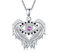 TOUPOP Sterling Silver Pink Tourmaline Evil Eye Angel Wings Pendant Necklace-undefined